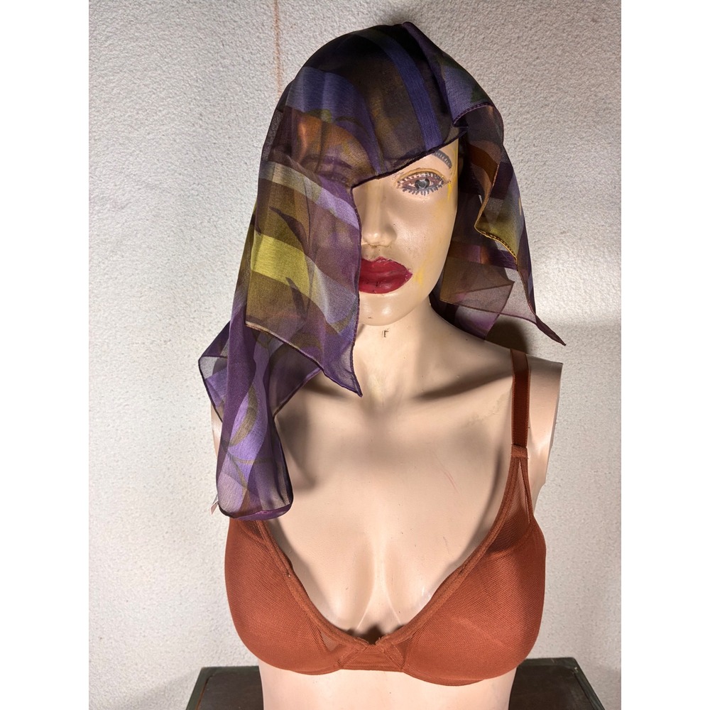 Unbranded Sheer Silk Scarf Womens OS Purple Gold Excellent Striped Floral Luxe